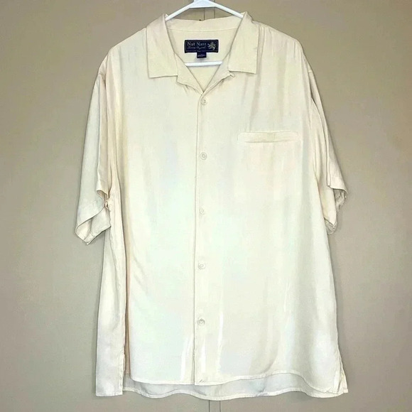 Nat Nast Button Up Shirt Beige Men Large Silk Embroidered Short Sleeve Collared - Picture 1 of 9